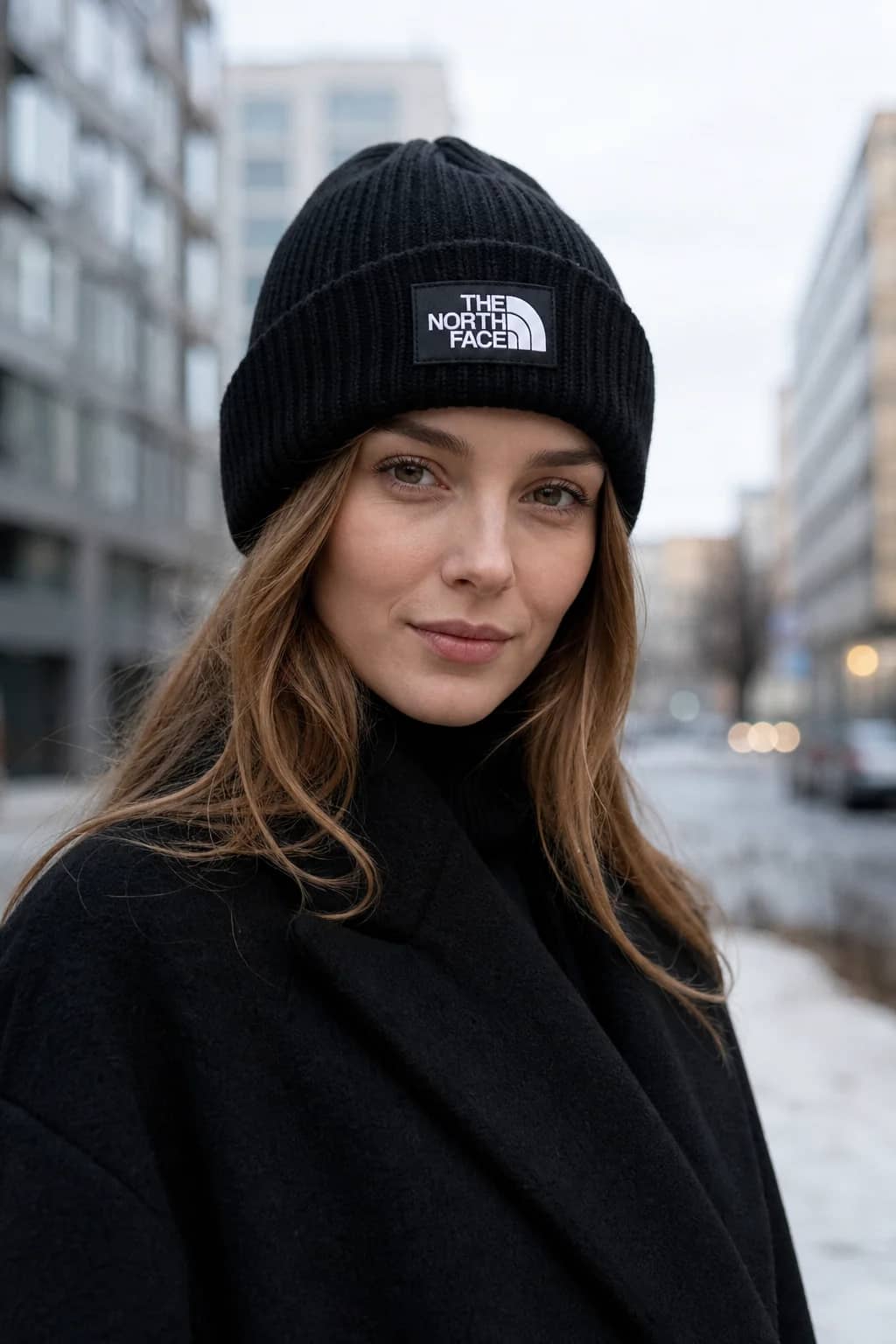 Kobieta w czarnej czapce The North Face Logo Box Cuffed